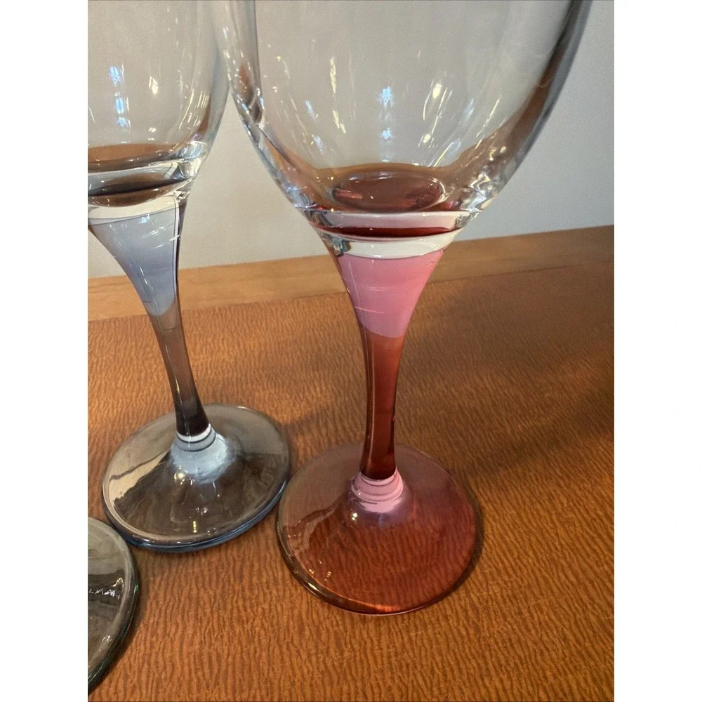 Vtg Champagne Toasting Flutes Colored Iridescent Stem Gold Trim Wedding Set Of 4